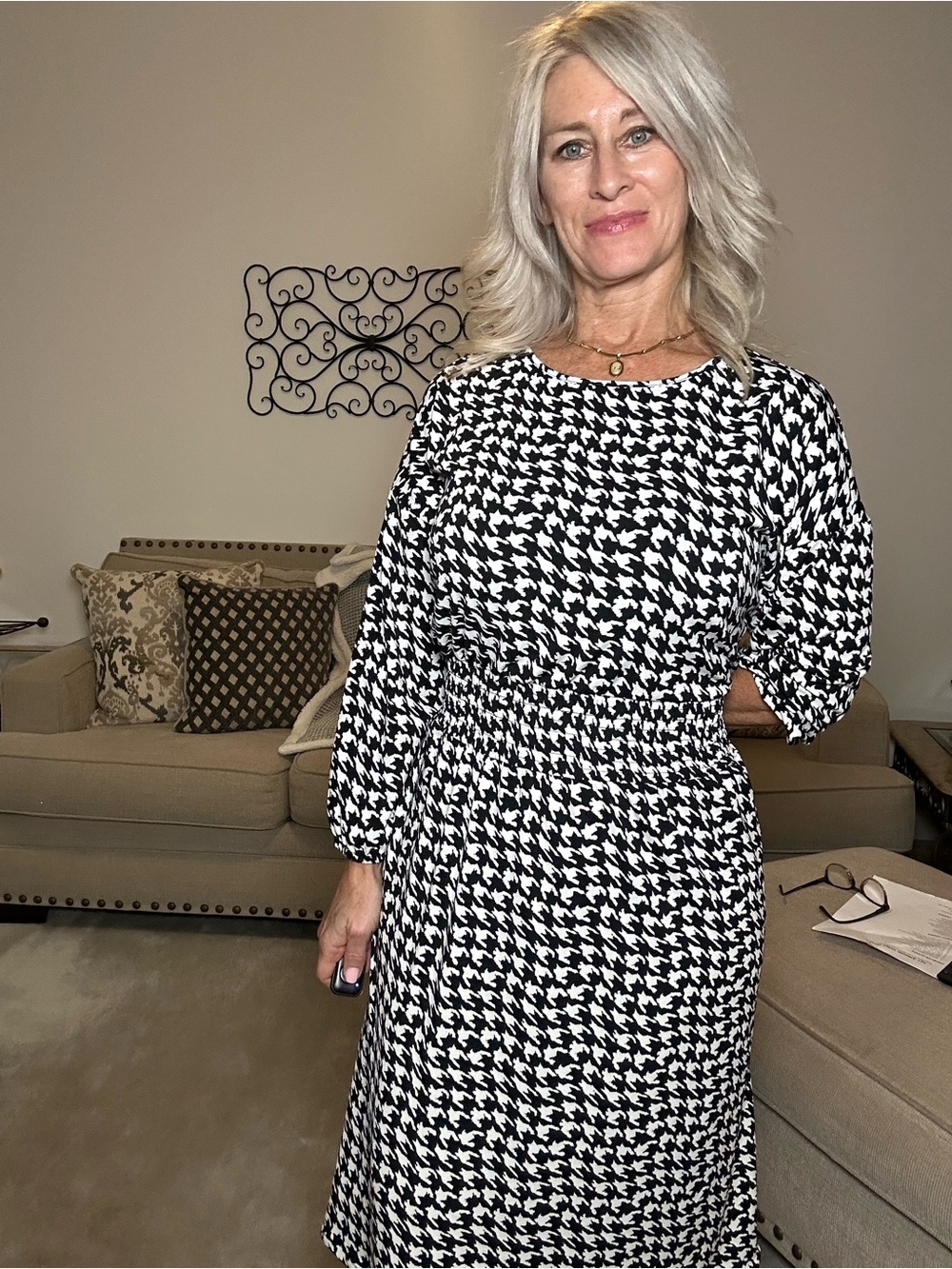 LuLaRoe Black & White Houndstooth Long Sleeve Midi Dress